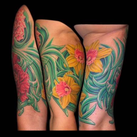 Tattoos - Gerber Daisy, Dahlia, Peony and Daffodils Floral Sleeve   - 65062